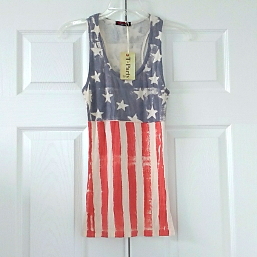 T Party Red Off White Blue Flag Print Tank Top